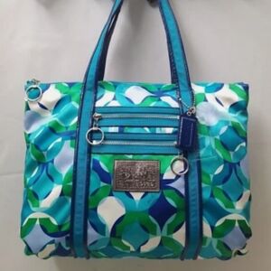 Coach Poppy Kaledioscope Canvas Leather Trim Zipper Pocket Tote Shoulder Bag